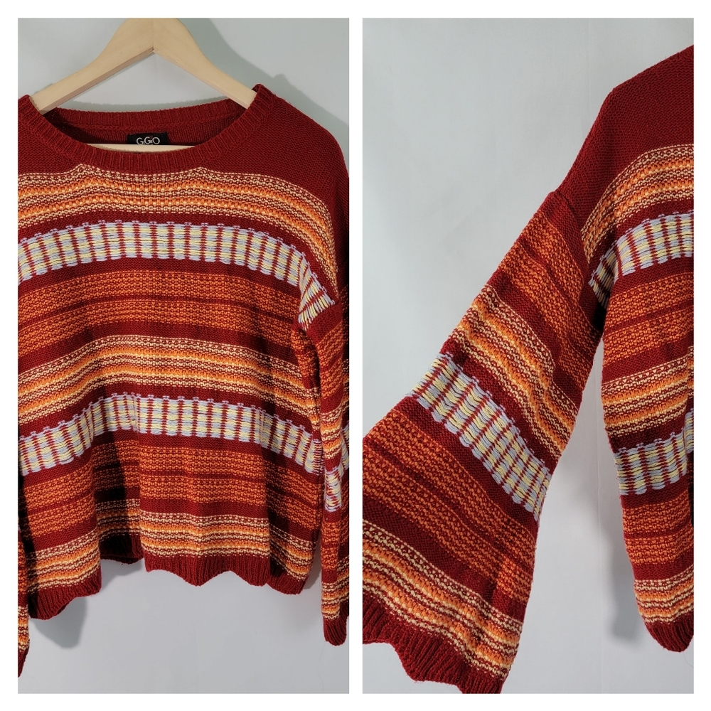 GiGiO USA Burgundy/Cream Striped Scalloped Hem Bell Sleeve Sweater Sz Smal